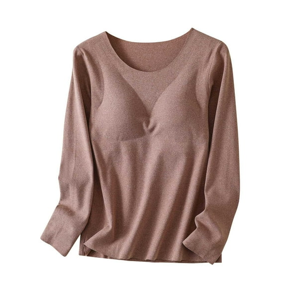 Akafmk Women's Long Sleeves Pajama Tops,Women's Cotton Sleepwear T-Shirt,Thick Clothes Detachable Chest Pad Round Neck Shirt Home Clothes