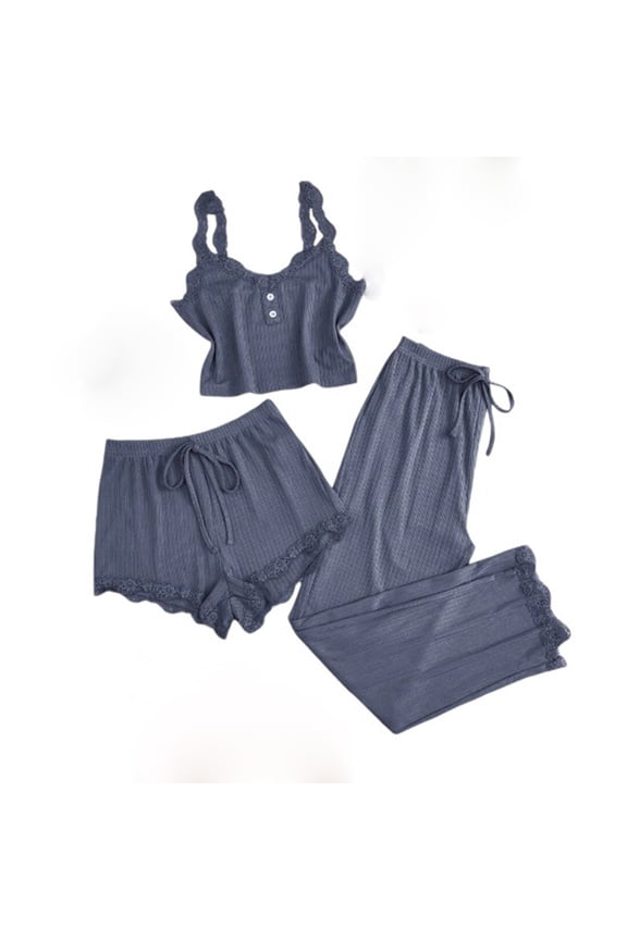 Women's Pajama Sets,Silk Pajamas for Women Set,Lace Patchwork Pajamas Home Clothes Three-piece Sets