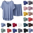 thumbnail image 1 of Akafmk Women's Plus Size Pajama Set V Neck Short Sleeve T-Shirt with Wide Leg Shorts Loungewear Set, 2-Piece, Sizes XL, 1 of 5
