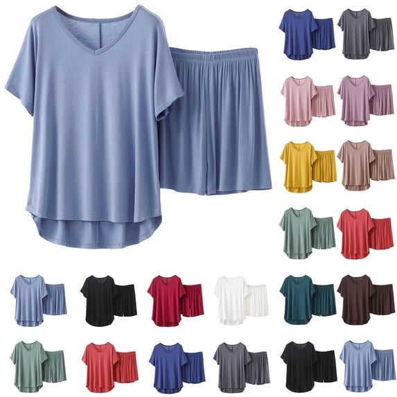 Akafmk Women's Plus Size Pajama Set V Neck Short Sleeve T-Shirt with Wide Leg Shorts Loungewear Set, 2-Piece, Sizes XL
