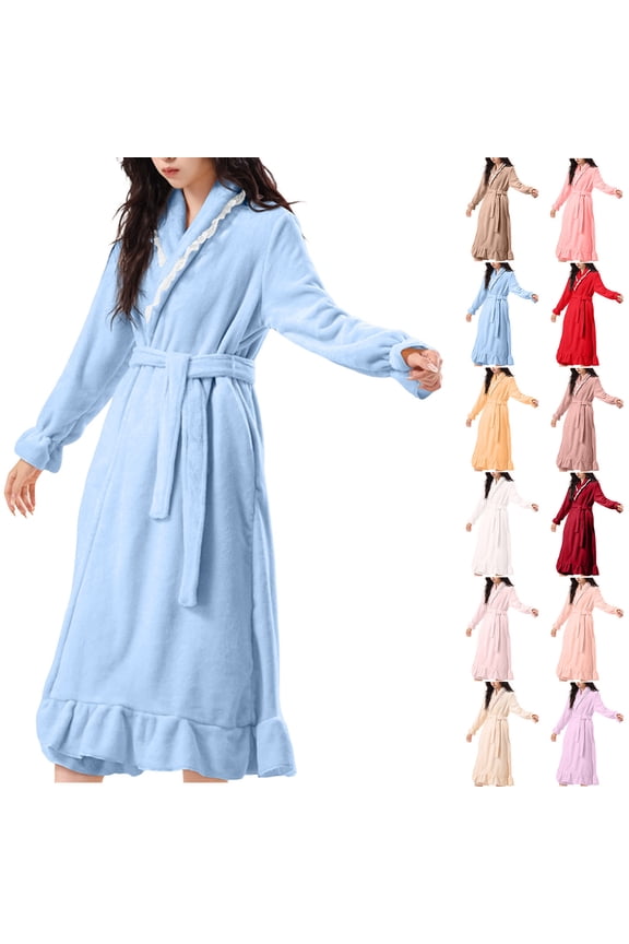 Women's Ruffle Hem Fleece Robe Long Fleece Bathrobe with Pockets, Winter Sleepwear