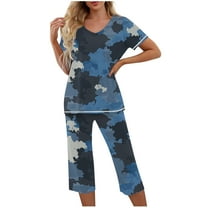 Akafmk Women's Short Sleeve Pajama Sets,Cotton Pajamas for Women Set,Short Sleeve Sleep Tee and Sleepwear Pants 2 Piece Loungewear Set Soft Comfy Nightwear