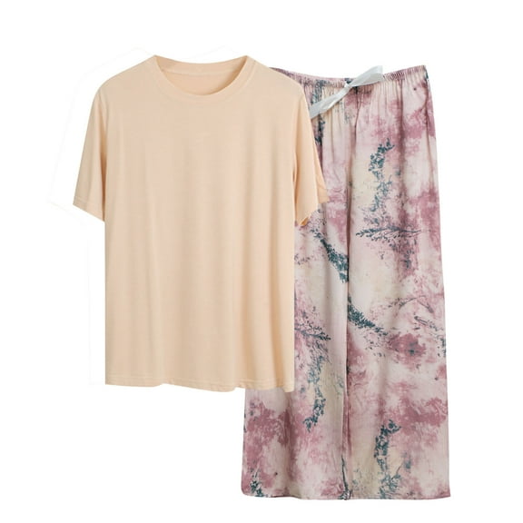 Akafmk Women's Short Sleeve Pajama Sets,Cotton Pajamas for Women Set,Short Sleeve Sleep Tops and Sleepwear Pants 2 Piece Loungewear Set Soft Comfy Nightwear