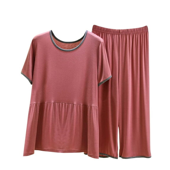 Akafmk Women's Short Sleeve Pajama Sets,Cotton Pajamas for Women Set,Short Sleeve Sleep Tops and Sleepwear Pants 2 Piece Loungewear Set Soft Comfy Nightwear