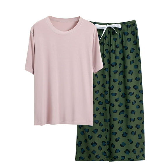Akafmk Women's Short Sleeve Pajama Sets,Cotton Pajamas for Women Set,Short Sleeve Sleep Tops and Sleepwear Pants 2 Piece Loungewear Set Soft Comfy Nightwear