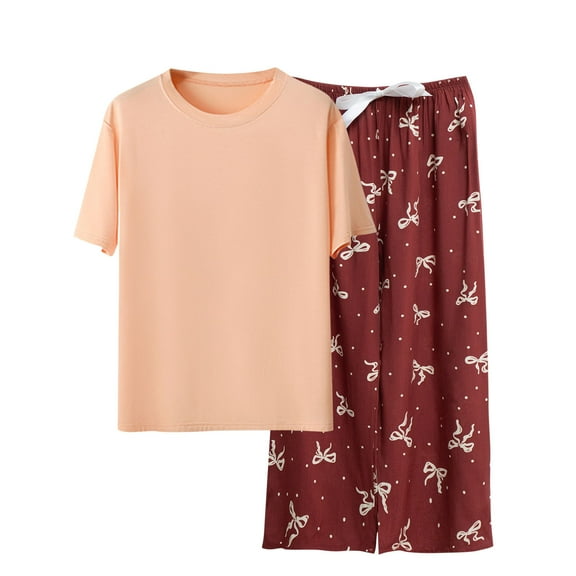 Akafmk Women's Short Sleeve Pajama Sets,Cotton Pajamas for Women Set,Short Sleeve Sleep Tops and Sleepwear Pants 2 Piece Loungewear Set Soft Comfy Nightwear