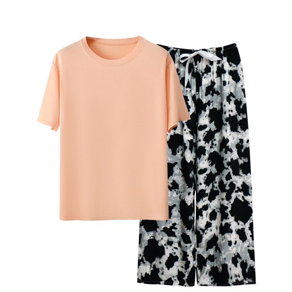 Akafmk Women's Short Sleeve Pajama Sets,Cotton Pajamas for Women Set,Short Sleeve Sleep Tops and Sleepwear Pants 2 Piece Loungewear Set Soft Comfy Nightwear