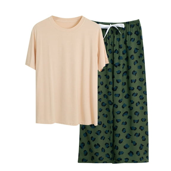 Akafmk Women's Short Sleeve Pajama Sets,Cotton Pajamas for Women Set,Short Sleeve Sleep Tops and Sleepwear Pants 2 Piece Loungewear Set Soft Comfy Nightwear