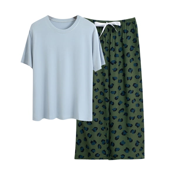 Akafmk Women's Short Sleeve Pajama Sets,Cotton Pajamas for Women Set,Short Sleeve Sleep Tops and Sleepwear Pants 2 Piece Loungewear Set Soft Comfy Nightwear