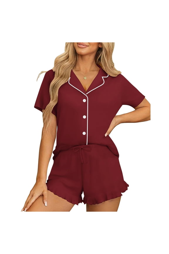 Women's Solid Pajama Set Short Sleeve Button Down Collar with Long Pants Loungewear Set, 2-Piece, Sizes M