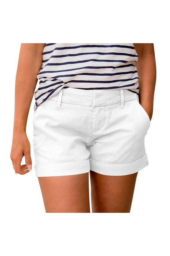 Women's Summer Shorts,Womens Solid Color Elastic Waist Buckle Cuff Turn Up Pocket Casual Shorts Pants S