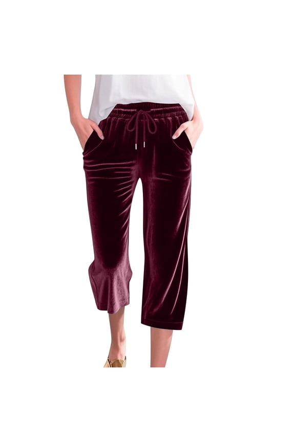 Women's Velvet Shorts,Womens Solid Color Velvet Drawstring Loose Wide Leg Straight Pocket 7" Shorts Pants M