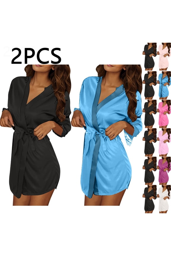 Womens 2PC Ice Silk Robe Set Matching Home Sleepwear