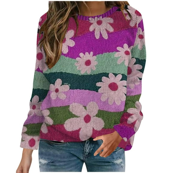 Akafmk Womens Fall Crewneck Sweater,Soft Lightweight Knit Tops,Fashion Round Neck Graphic Print Knit Sweater Long Sleeve Pullover Sweater S