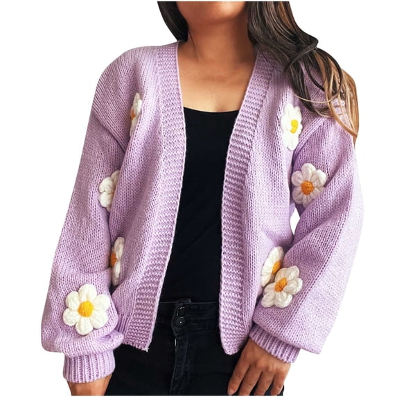 Akafmk Womens Fall Open Front Cardigan Sweater,Soft Lightweight Knit Tops,Fashion V-Neck Floral Print Knit Sweater Long Sleeve Cardigan Jackets M