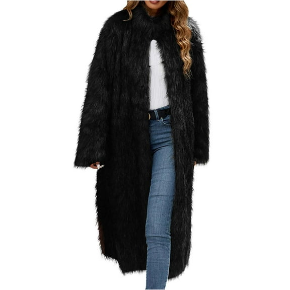 Akafmk Womens Faux Furs Coats,Womens Winter Coats,Womens Ladies Warm Faux Furry Long Coat Jacket Winter Solid V-neck Outerwear Front Open Jacket Outerwear