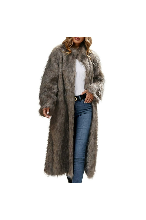 Womens Faux Furs Coats,Womens Winter Coats,Womens Ladies Warm Faux Furry Long Coat Jacket Winter Solid V-neck Outerwear Front Open Jacket Outerwear