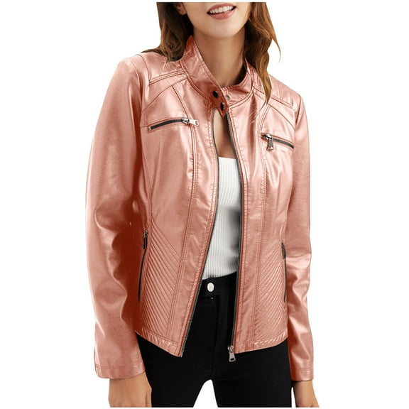 Akafmk Womens Faux Leather Jackets,Plus Size Motorcycle Jacket,Casual Leather Jacket with Standing Collar Slim Fitting Jacket Solid Color for Women Fall Winter Loose Windbreaker Jacket Outerwear