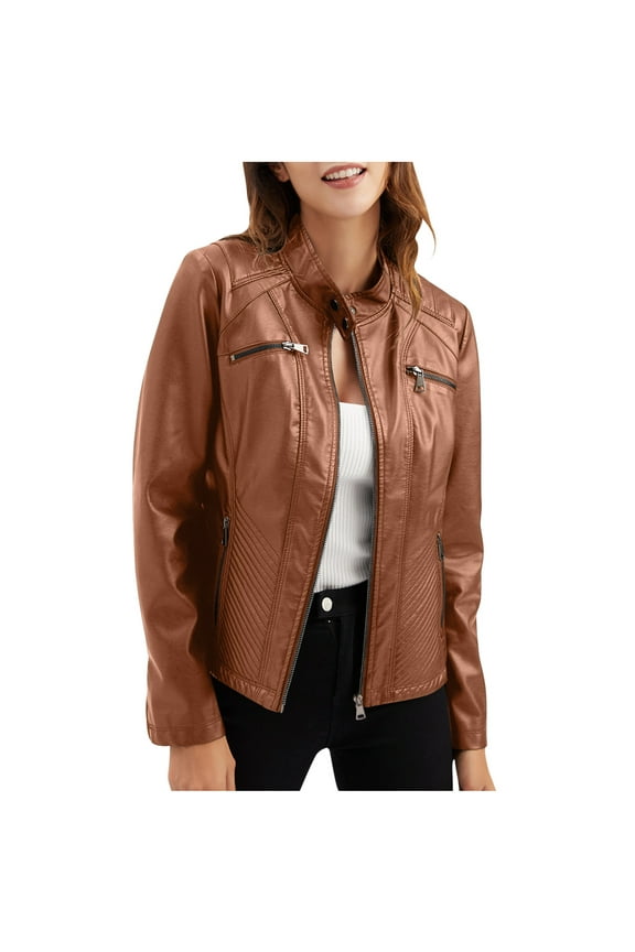 Womens Faux Leather Jackets,Plus Size Motorcycle Jacket,Casual Leather Jacket with Standing Collar Slim Fitting Jacket Solid Color for Women Fall Winter Loose Windbreaker Jacket Outerwear
