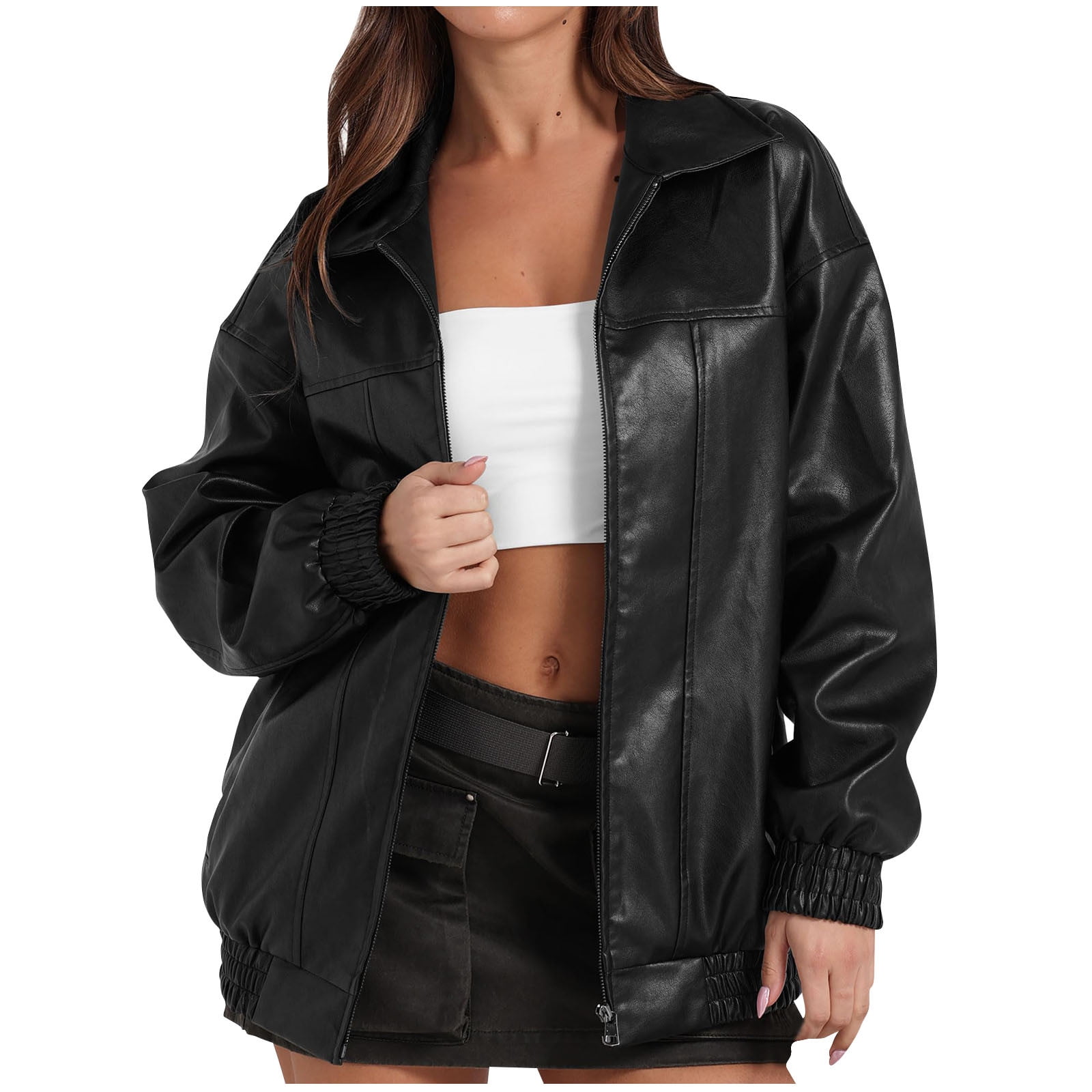 Akafmk Womens Faux Leather Jackets,Plus Size Motorcycle Jacket,Women's Solid Flip Collar Fall and Winter Long Sleeve Fashion Leather Jacket Coat Fall Winter Loose Windbreaker Jacket Outerwear