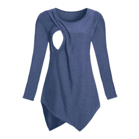 Akafmk Womens Long Sleeve Maternity Tops,Womens Maternity Nursing Solid Color Long Sleeve Crew Neck Casual Fitted Asymmetrical Curved Hem Stretchy Pregnancy Tops