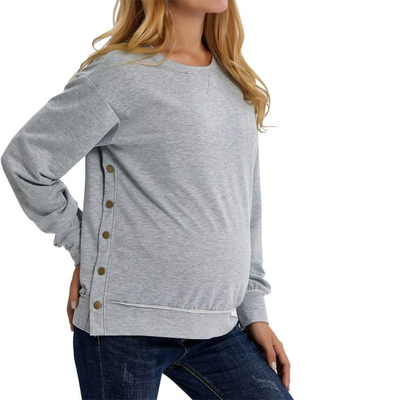 Akafmk Womens Long Sleeve Maternity Tops,Womens Maternity Solid Color Crew Neck Long Sleeve Button Detail Hoodless Casual Sweatshirt Pregnancy Mama Tops