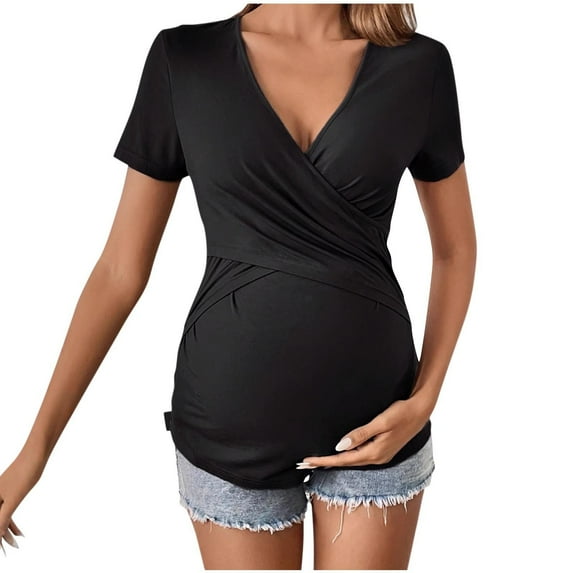 Akafmk Womens Short Sleeve Maternity Tops,Women's Maternity Yoga Workout Tshirt Solid Color V Neck Waist High Stretch Slim Fitting Summer Pregnancy Tops