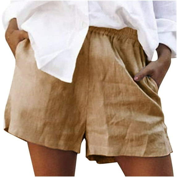 Akafmk Womens Summer Shorts Casual Solid Color High Elastic Waist Wide Leg Beach Comfy Shorts with Pockets Khaki S