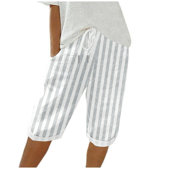 Akafmk Womens Summer Shorts Casual Stripe Print Drawstring Elastic Waist Loose Straight Leg Knee Length Rolled Hem Shorts Gray L