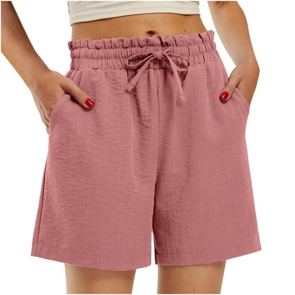 Akafmk Womens Summer Shorts Solid Color Casual Drawstring Wide Leg Sports Shorts with Pocket Pink XL