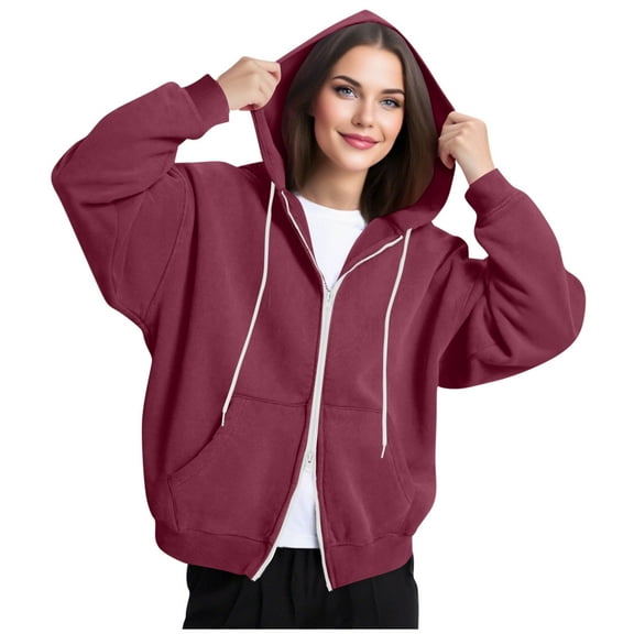 Akafmk Womens Zip Up Hoodies,Womens Long Sleeve Sweatshirts Jackets,Women's Casual Loose Solid Color Pocket Long Sleeved Double Zipper Hooded Sweatshirt Top Comfy Cardigan Workout Jacket