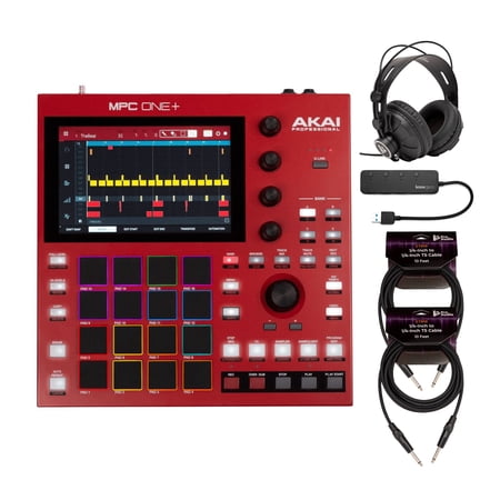 Akai Professional MPC One+ MIDI Controller with Monitor Headphones, TS Guitar Cables Bundle