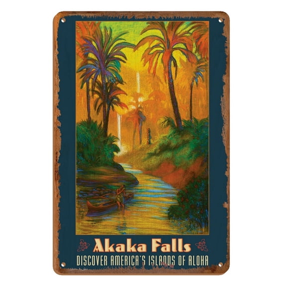 Akaka Falls Hawaii - Discover America's Islands of Aloha - Hamakua Big Island - Vintage Hawaiian Travel Poster by Rick Sharp - 8 x 12 inch Vintage Wood Art Sign