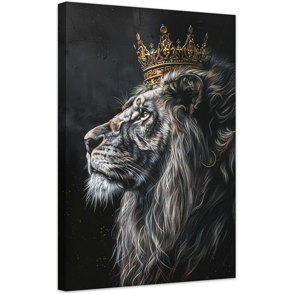 Akania Black African Wall Art Gold Crown Wall Decor King Lion Picture Animal Canvas Prints Afro Artwork for Home Office Living Room Decoration Wrapped Framed8x12 Inch