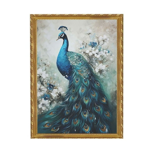 Akania Elegance Peacock Canvas Wall Art Animal Painting Print Vintage Blue Peacock and White Floral Picture Artwork Decor Retro Gold Framed 16x24 Inch