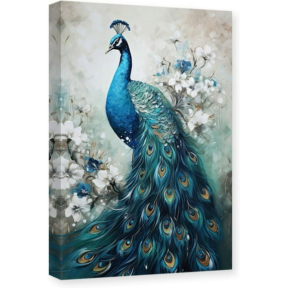 Akania Elegance Peacock Canvas Wall Art Animal Painting Print Vintage Blue Peacock and White Floral Picture Artwork Decor Wrapped Framed 8x12 Inch