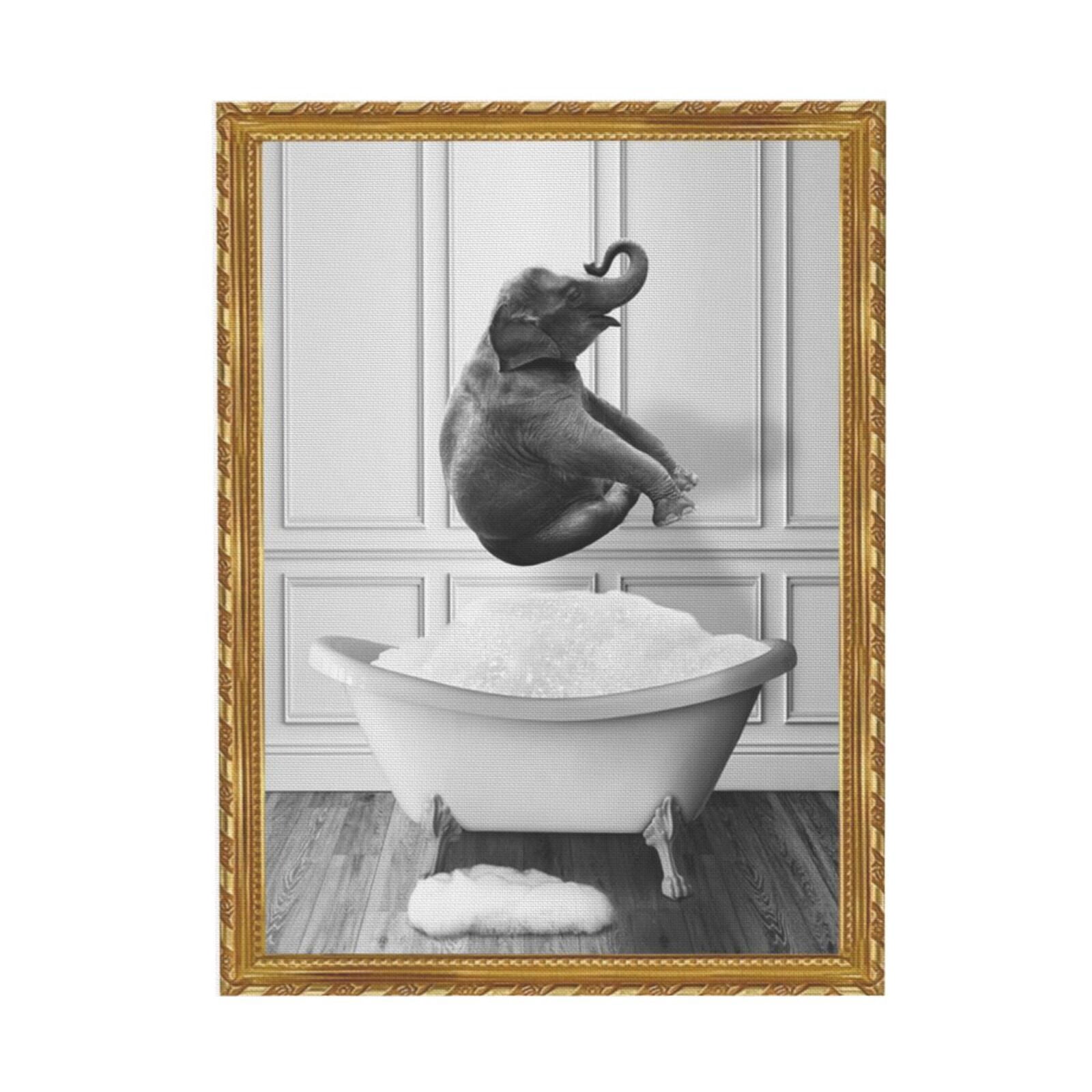 Akania Funny Elephant Bathroom Wall Art - Washing Elephant In Bathtub ...