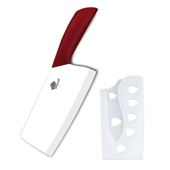 Akatsuki 7" Large Ceramic Cleaver Knife Kitchen Chef with Blade Cover Soft Handle Rustproof No-stick Meat Vegetable Slicing Fruit Paring Cutter (Red)