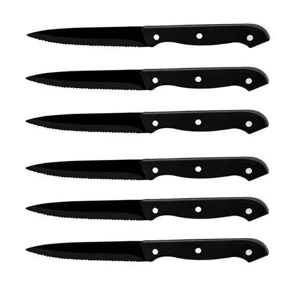 Akatsuki Black Steak Knives Set of 6 Serrated Kitchen Steak Knives for Service Dinner Stainless Steel Utensils Flatware Cutlery Dishwasher Safe