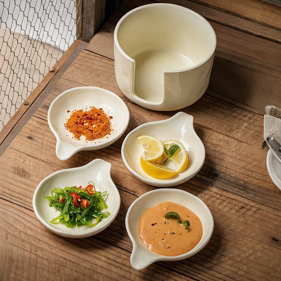 Akatsuki Ceramic Dipping Sauce Plate Set Stackable Mini Dip Bowls Condiment Server with Storage Holder of 6 Small Sauce Dishes for Dipping with Handle,Off-White