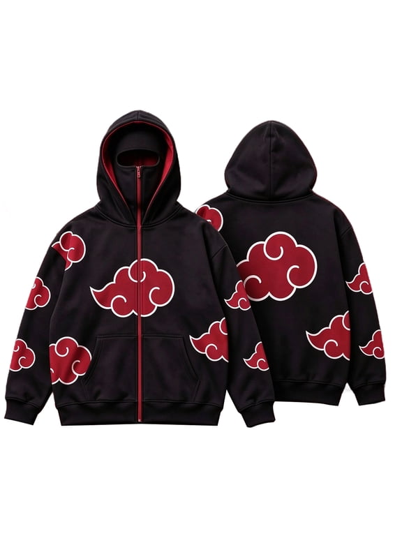 Akatsuki Full Zip Mask Hoodie, Anime Red Cloud Print Zip Up Hooded Sweatshirt for Anime Fans, Windproof Warm Jacket Casual Hooded Coat