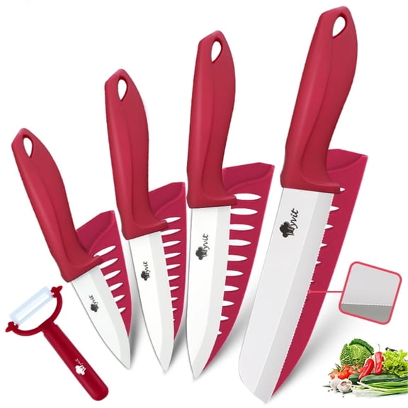 Akatsuki Home Ceramic Knife Set Kitchen Knives for Fruit Cutting Knives Set with Sheath 6" Bread Knife 5" Utility Knife 4" Fruit Knife 3" Paring Knife + One Peeler