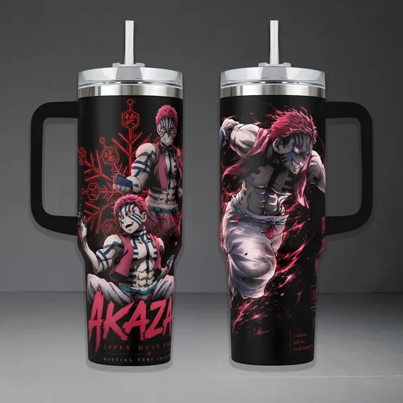 Akaza Demon Slayer Tumbler Cup, Upper Moon Power Full Wrap Stainless Steel Insulated Tumbler 20oz/40oz With Straw Lid Included, 40oz Handle Option