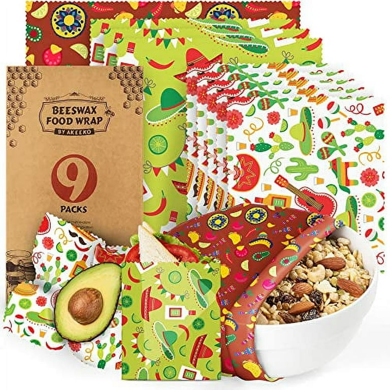 Akeeko Reusable Food Wraps w/Beeswax Assorted 9 Packs - Eco-Friendly Reusable Wraps, Biodegradable, Zero Waste, Organic, Sustainable, Plastic-Free