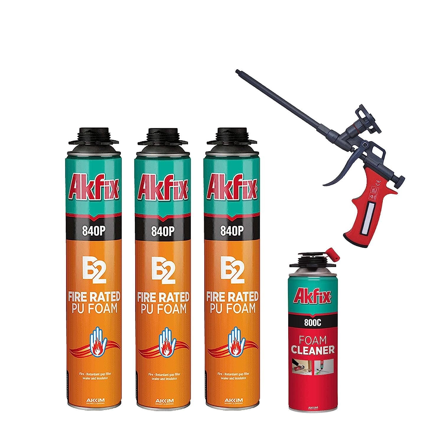 Akfix 840P Fire Rated Polyurethane Gun Foam 25.3 oz-3 Pack+Spray Gun ...