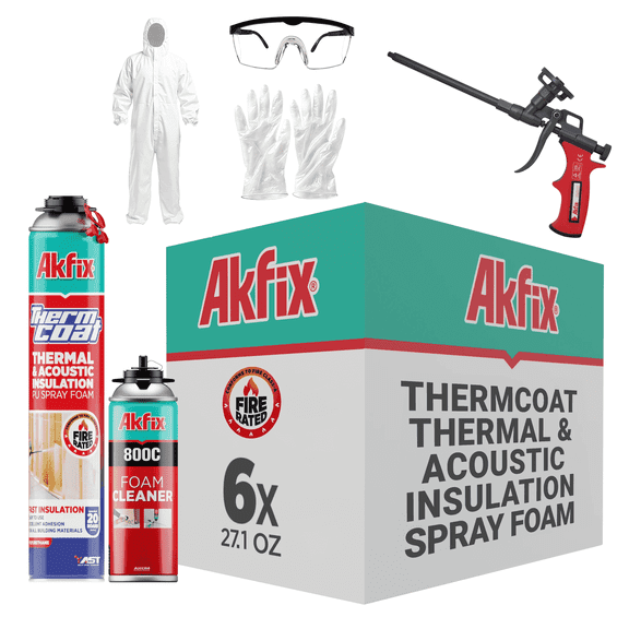 Akfix Thermcoat Thermal & Acoustic Closed Cell Spray Foam Insulation Kit - Fire Rated, R-5.66 per Inch, 120 Board Feet - 6 Pack Set