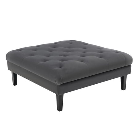 Benzara Aki 44" Velvet Fabric Wood Ottoman with Deep Button Tufted in Gray