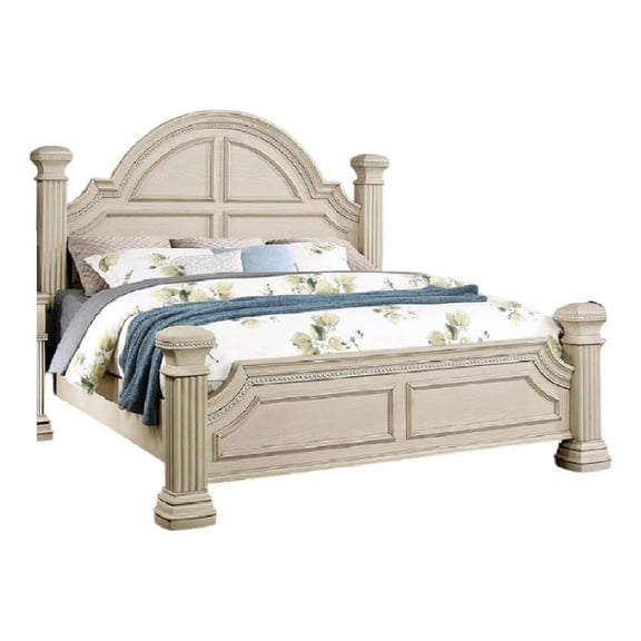 Akia King Bed-Antique White Solid Wood-Reeded Posts-Molded Trim