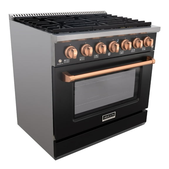 Akicon 36" Slide-in Freestanding Professional Style Gas Range with 5.2 Cu. Ft. Oven, 6 Burners, Convection Fan, Cast Iron Grates, & Blue Porcelain Oven Interior, In Black with Copper