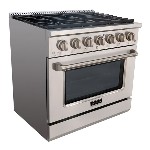 Akicon 36" Slide-in Freestanding Professional Style Gas Range with 5.2 Cu. Ft. Oven, 6 Burners, Convection Fan, Cast Iron Grates, & Blue Porcelain Oven Interior, In Stainless Steel